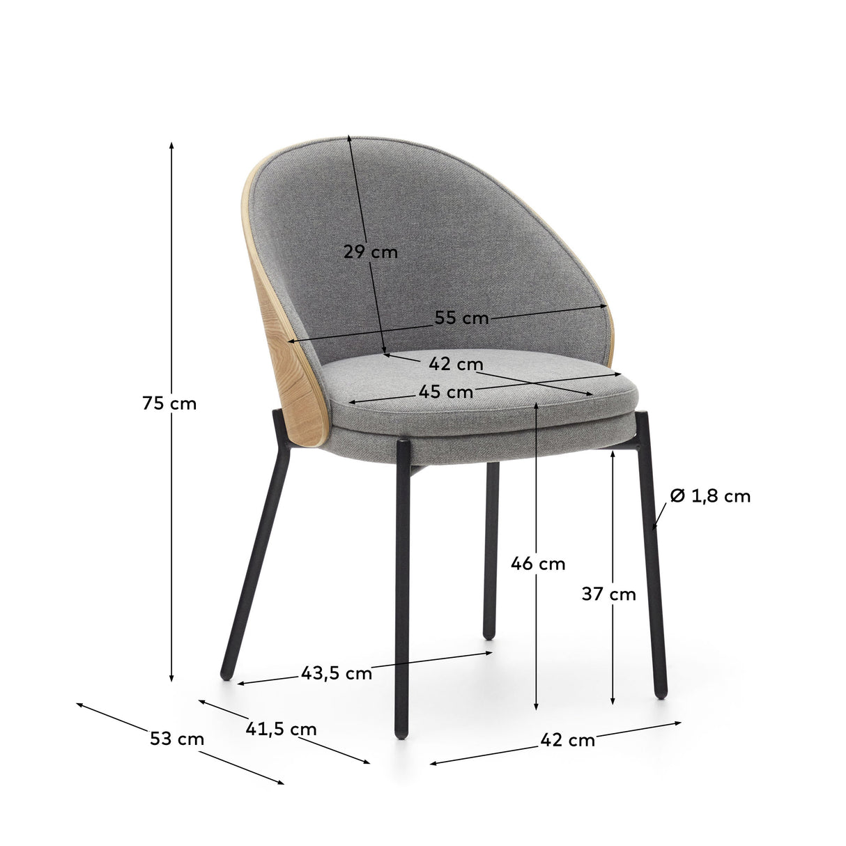 Eamy Stuhl hellgrau Eschenfurnier mit natürlichem Finish und Metall in Schwarz - ZEN ZONE Furniture