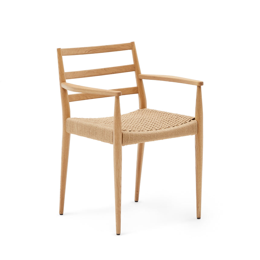 Analy Stuhl mit Armlehnen aus massivem Eichenholz 100% FSC, naturfarbenes Finish, Seilsitz - ZEN ZONE Furniture