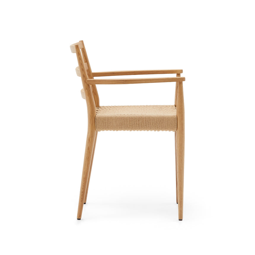 Analy Stuhl mit Armlehnen aus massivem Eichenholz 100% FSC, naturfarbenes Finish, Seilsitz - ZEN ZONE Furniture