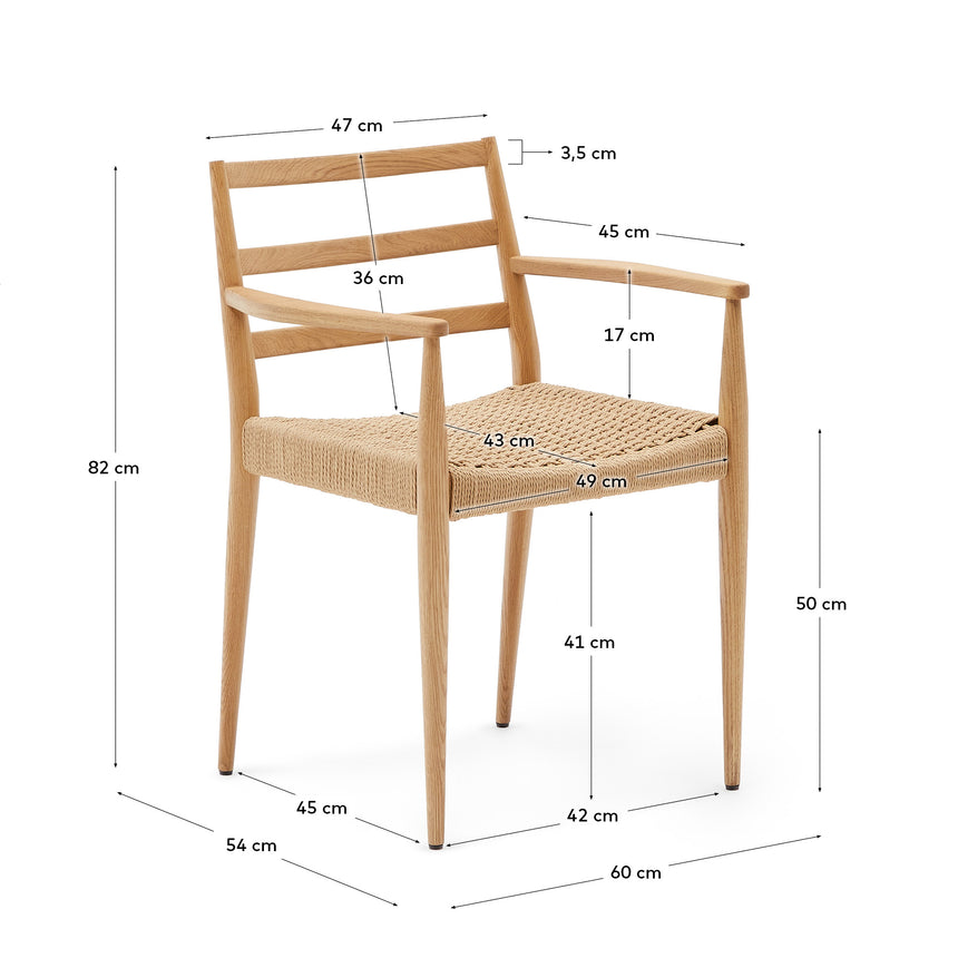 Analy Stuhl mit Armlehnen aus massivem Eichenholz 100% FSC, naturfarbenes Finish, Seilsitz - ZEN ZONE Furniture
