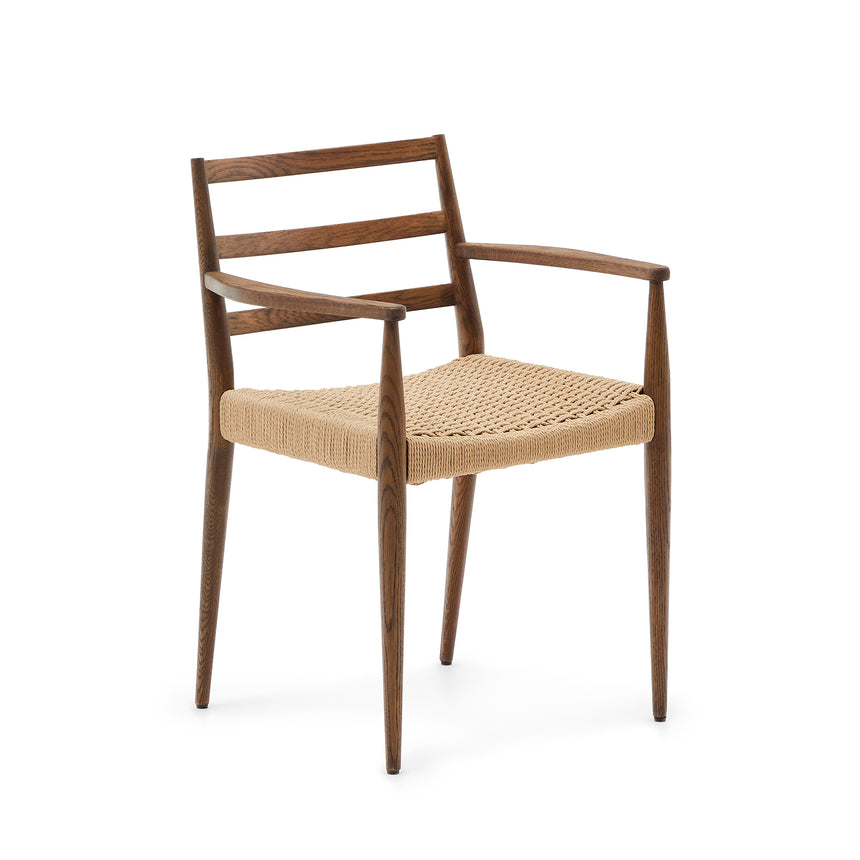 Analy Stuhl mit Armlehnen aus massivem Eichenholz, Nussbaum-Finish, Seilsitz 100% FSC - ZEN ZONE Furniture