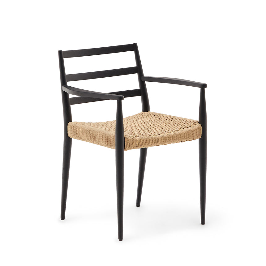 Analy Stuhl mit Armlehnen aus massivem Eichenholz 100% FSC, schwarzes Finish, Seilsitz - ZEN ZONE Furniture