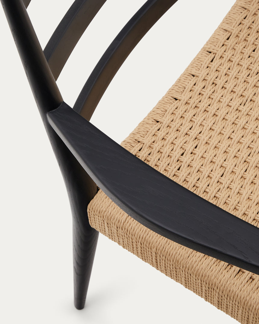 Analy Stuhl mit Armlehnen aus massivem Eichenholz 100% FSC, schwarzes Finish, Seilsitz - ZEN ZONE Furniture