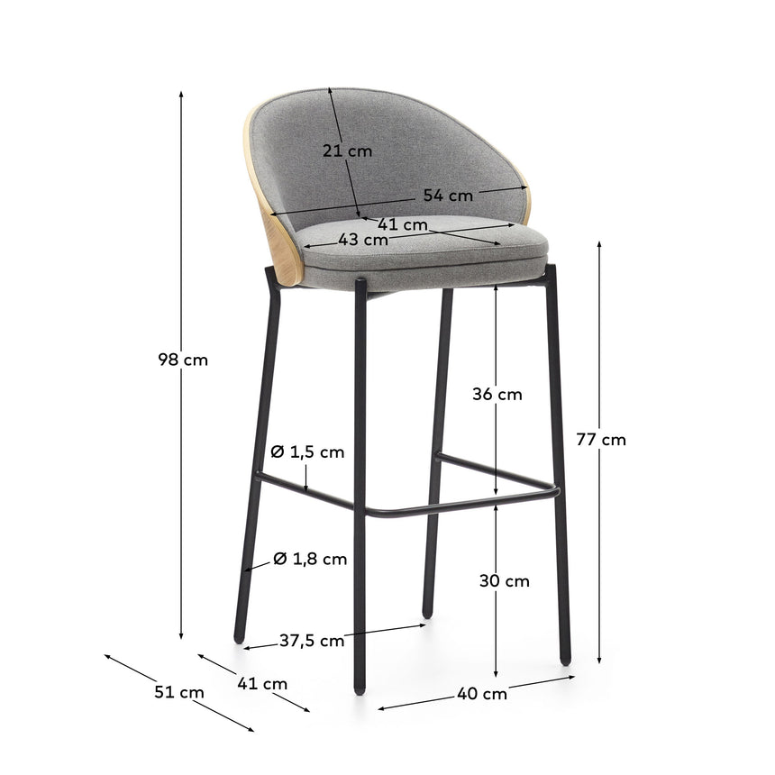 Eamy Hocker hellgrau Eschenfurnier mit natürlichem Finish und Metall in Schwarz Höhe 77 cm - ZEN ZONE Furniture