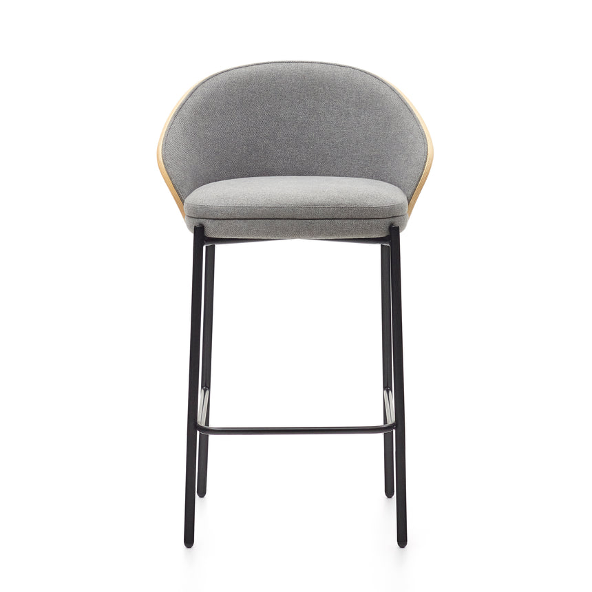 Eamy Hocker hellgraue Chenille Eschenfurnier mit natürlichem Finish und Metall in Schwarz Höhe 65 cm - ZEN ZONE Furniture