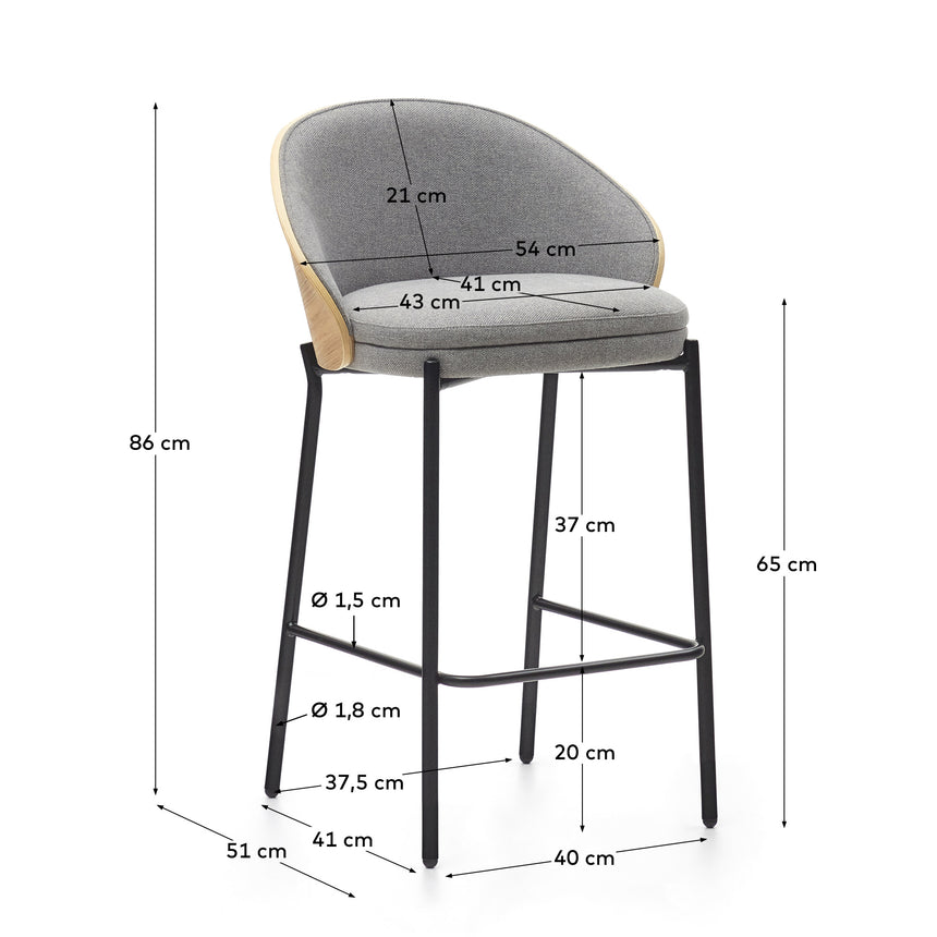 Eamy Hocker hellgraue Chenille Eschenfurnier mit natürlichem Finish und Metall in Schwarz Höhe 65 cm - ZEN ZONE Furniture