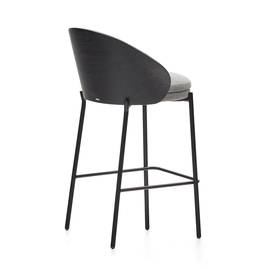 Eamy Hocker hellgraue Chenille Eschenfurnier mit schwarzem Finish und Metall in Schwarz Höhe 65 cm - ZEN ZONE Furniture