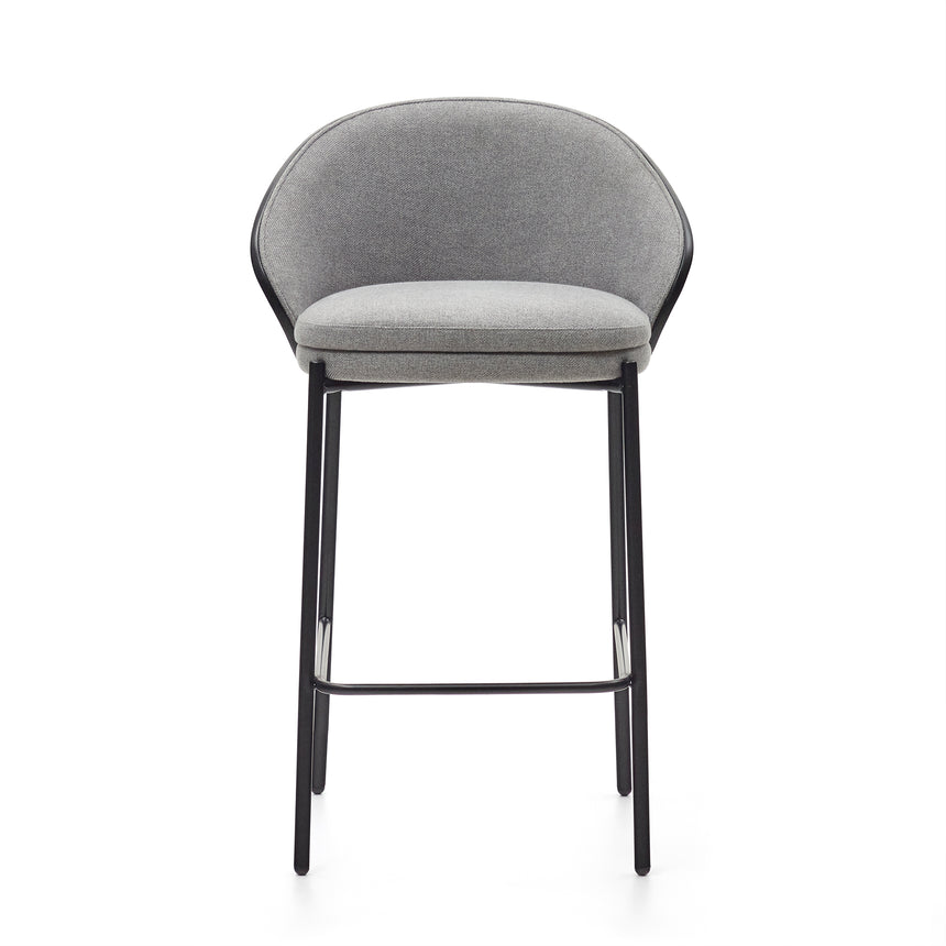Eamy Hocker hellgraue Chenille Eschenfurnier mit schwarzem Finish und Metall in Schwarz Höhe 65 cm - ZEN ZONE Furniture