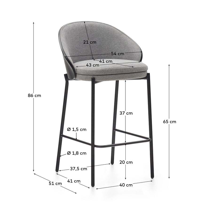 Eamy Hocker hellgraue Chenille Eschenfurnier mit schwarzem Finish und Metall in Schwarz Höhe 65 cm - ZEN ZONE Furniture
