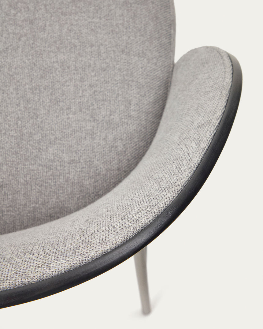 Eamy Hocker hellgraue Chenille Eschenfurnier mit schwarzem Finish und Metall in Schwarz Höhe 65 cm - ZEN ZONE Furniture