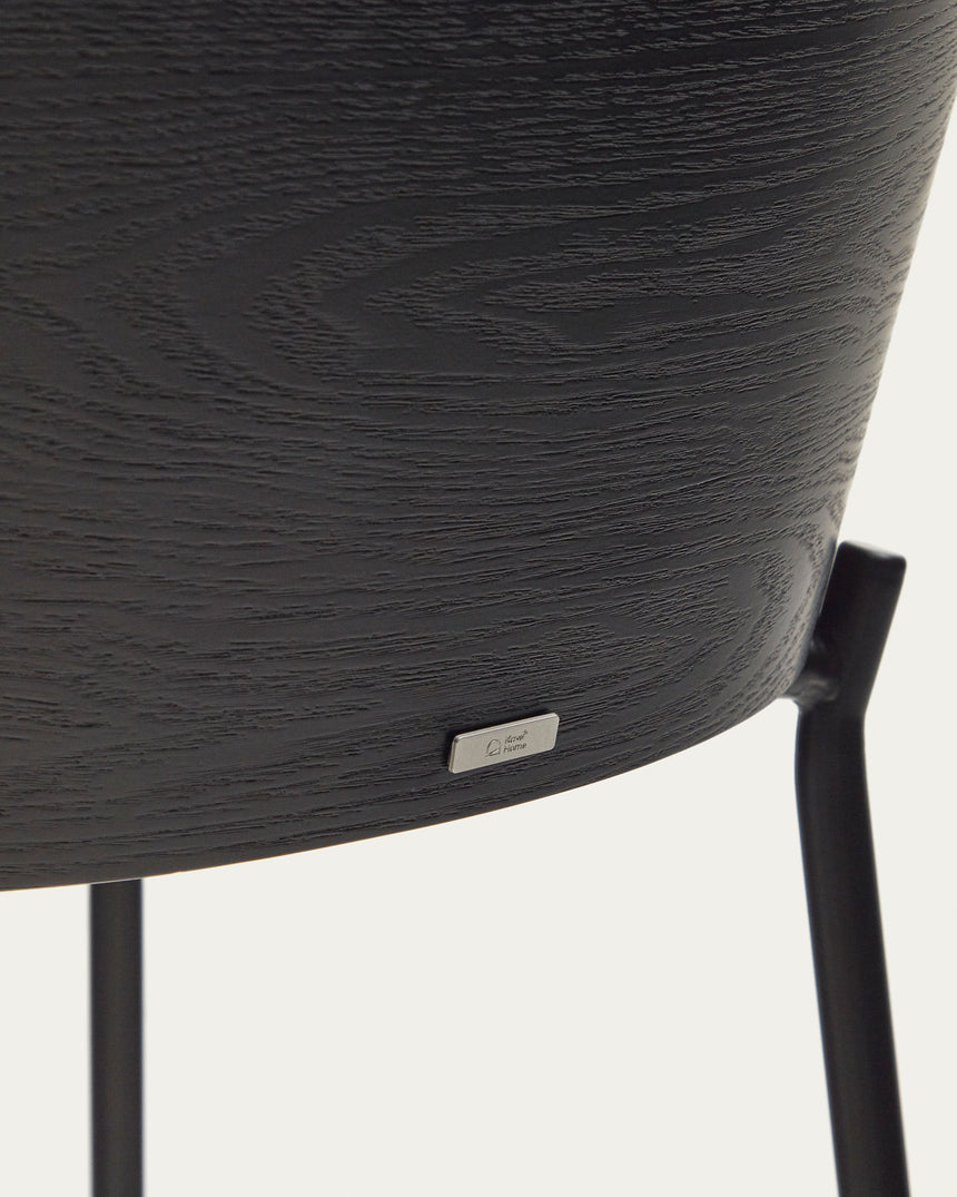 Eamy Hocker hellgraue Chenille Eschenfurnier mit schwarzem Finish und Metall in Schwarz Höhe 65 cm - ZEN ZONE Furniture
