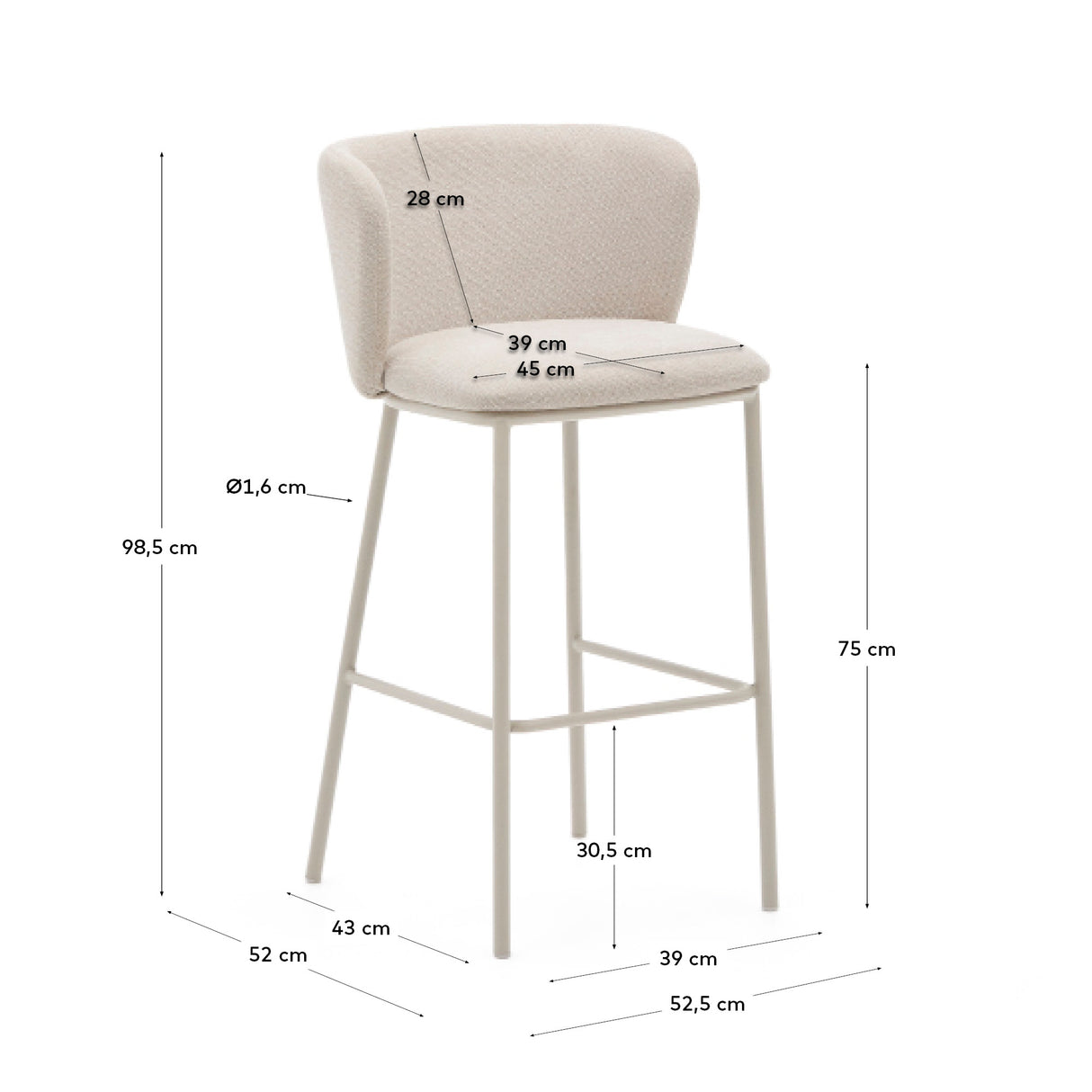 Hocker Ciselia aus beigefarbenem Chenille und beigefarbenem Stahl Höhe 75 cm FSC Mix Credit - ZEN ZONE Furniture