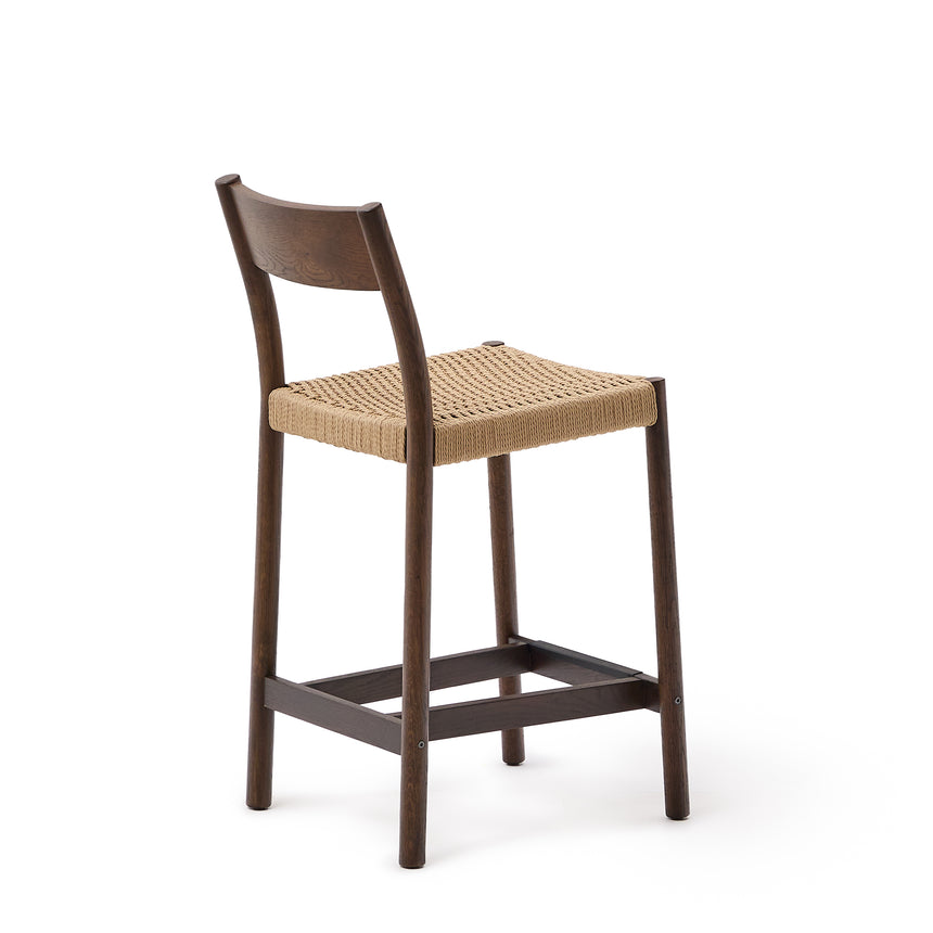 Yalia Barhocker Rückenlehne massives Eichenholz mit Nussbaum-Finish und Seilsitzfläche 65 cm FSC 100% - ZEN ZONE Furniture
