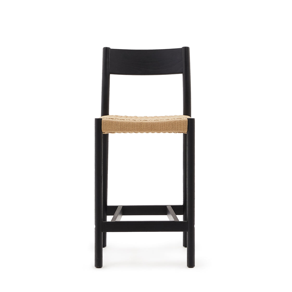 Yalia Barhocker Rückenlehne massives Eichenholz mit schwarzem Finish und Seilsitzfläche 65 cm FSC 100% - ZEN ZONE Furniture