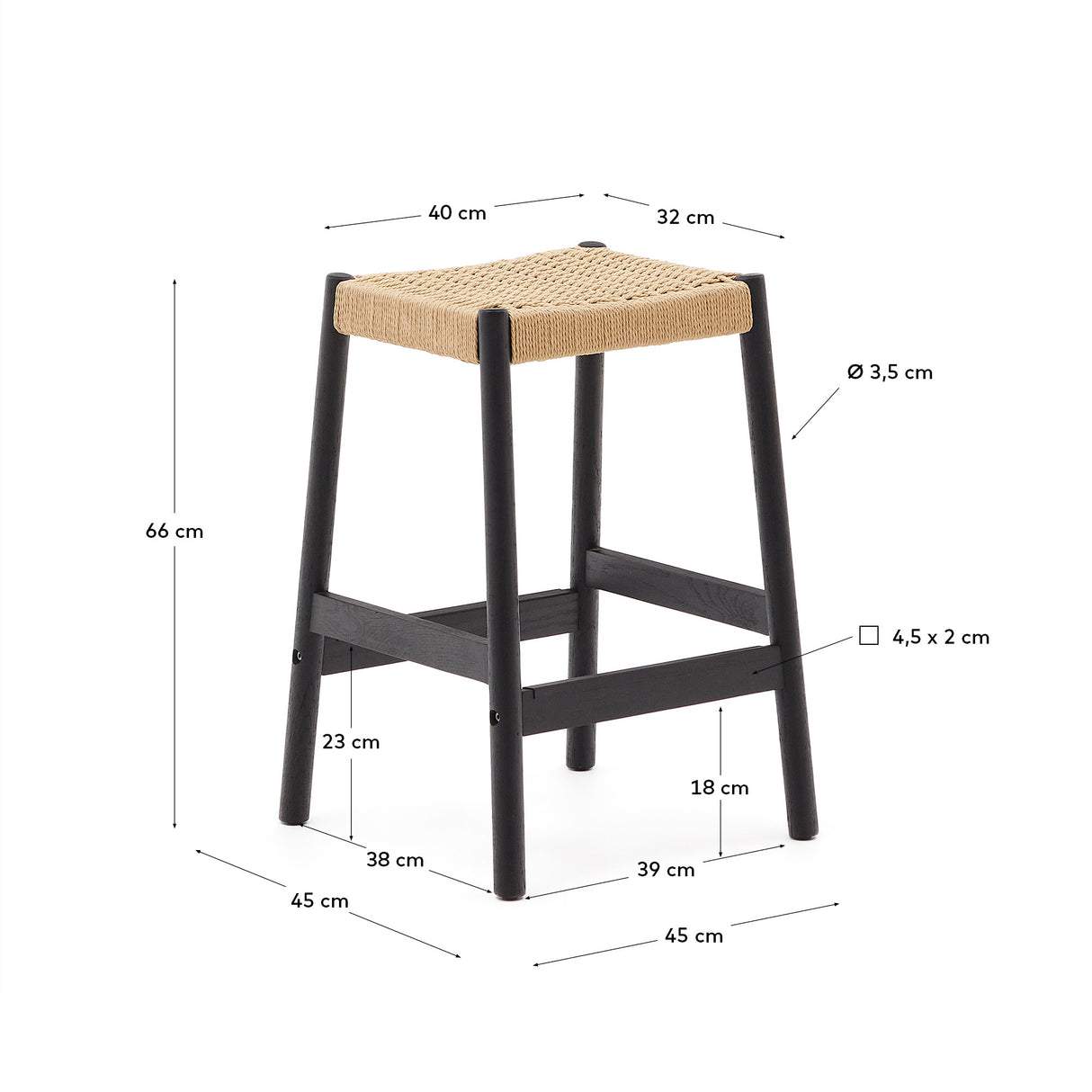Yalia Hocker aus massivem Eichenholz mit schwarzem Finish und Seilsitz Höhe 65 cm FSC 100% - ZEN ZONE Furniture