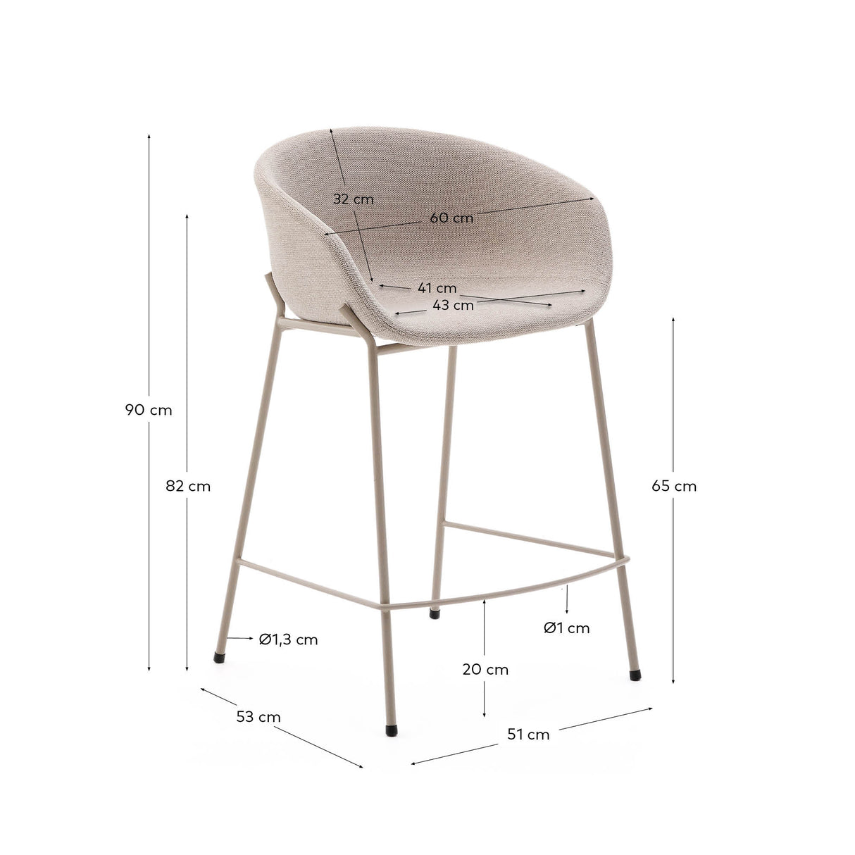 Hocker Yvette aus beigefarbener Chenille und Stahlbeinen mit beigefarbenem Finish Höhe 65 cm - ZEN ZONE Furniture