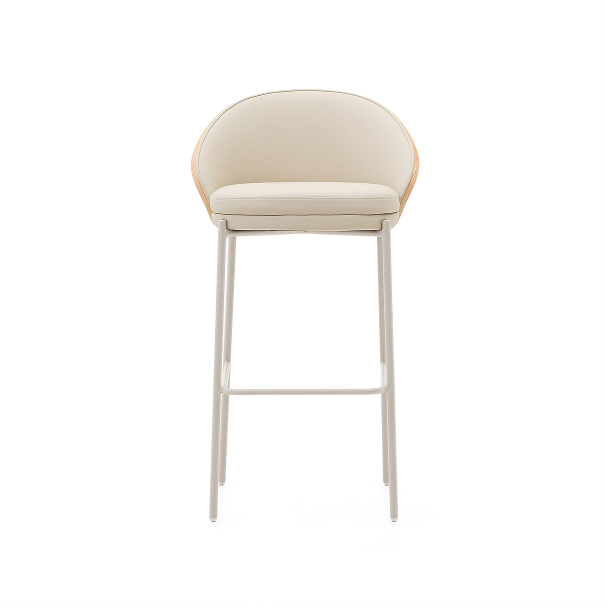 Eamy Hocker aus beigefarbenem Kunstleder, Eschenfurnier naturfarbenes Finish mit Metall 77cm - ZEN ZONE Furniture