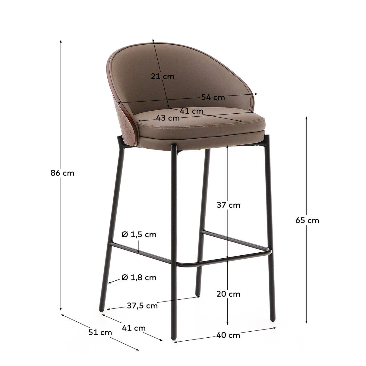 Eamy Hocker aus braunem Kunstleder, Eschenfurnier in Nussbaum-Finish mit Metall in Schwarz - ZEN ZONE Furniture