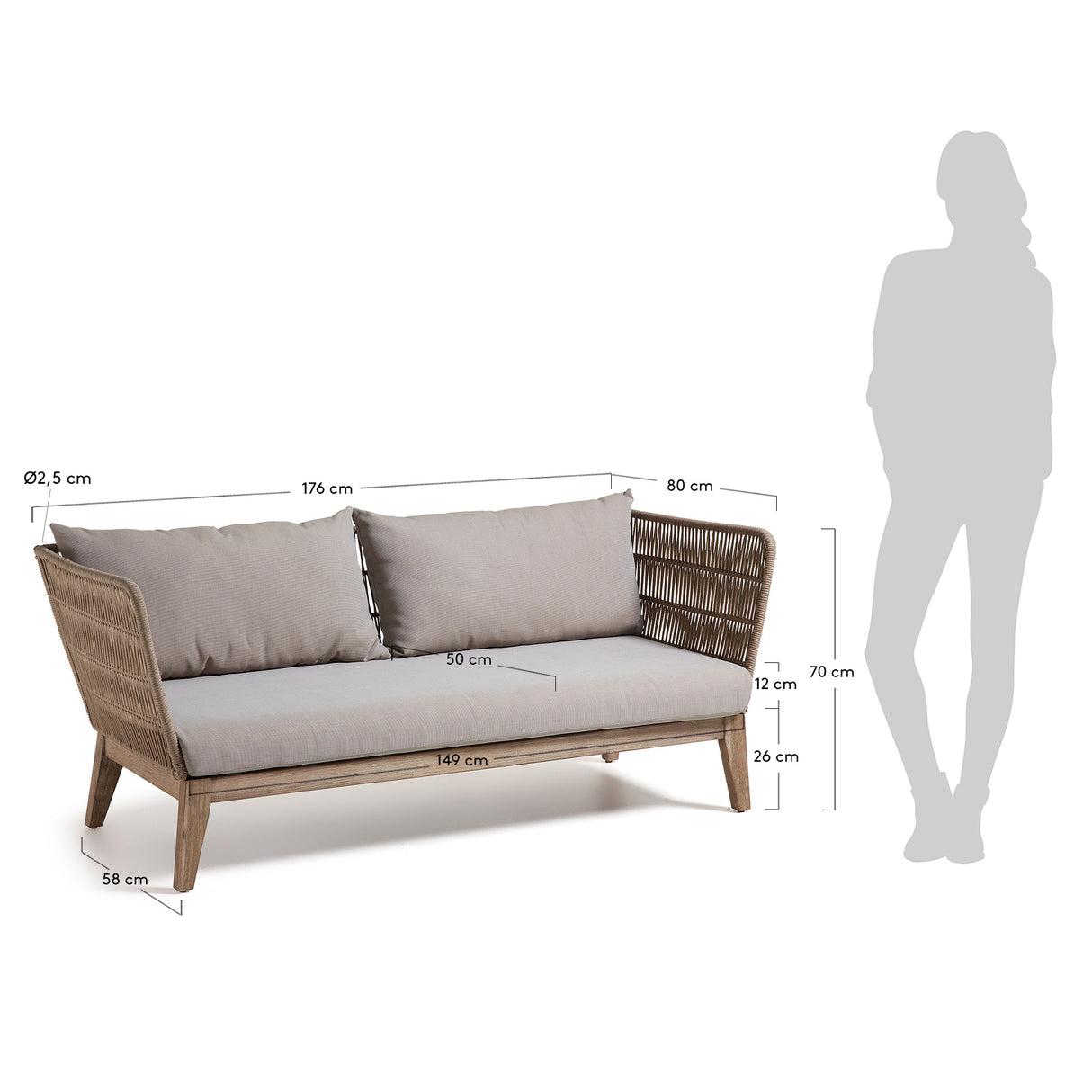 Belleny 3-Sitzer-Sofa aus Seil in Beige und massivem Akazienholz FSC 100% 176 cm - ZEN ZONE Furniture