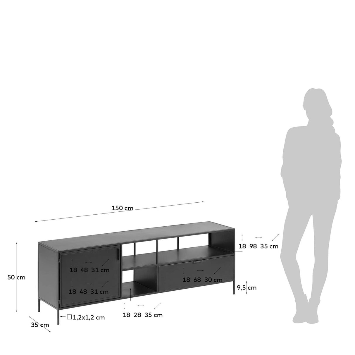 Shantay TV-Schrank 1 Türe und 1 Schublade aus Metall mit schwarzem Finish 150 x 50 cm - ZEN ZONE Furniture