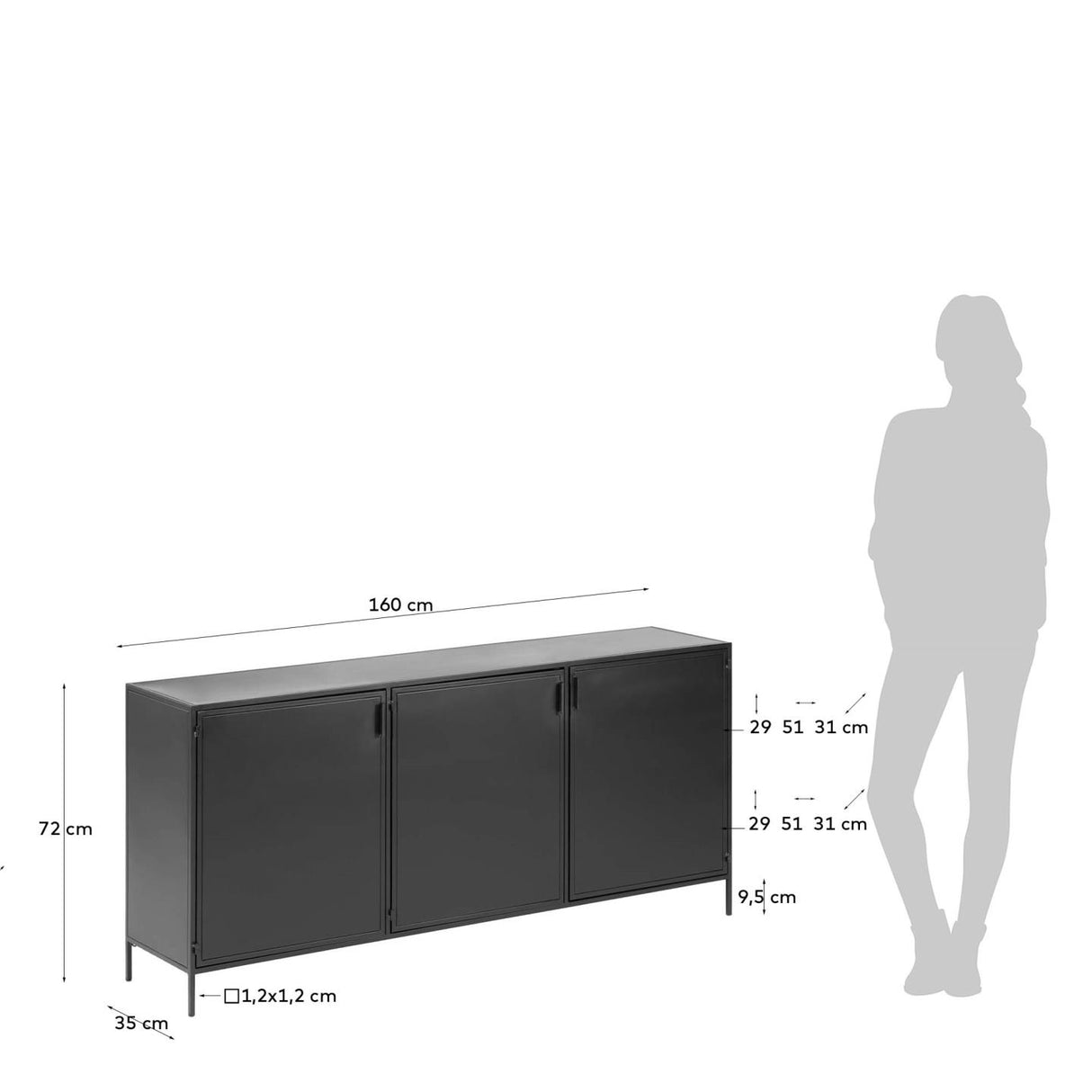 Shantay Sideboard 3 Türen aus Stahl mit Finish in Schwarz 160 x 72 cm - ZEN ZONE Furniture