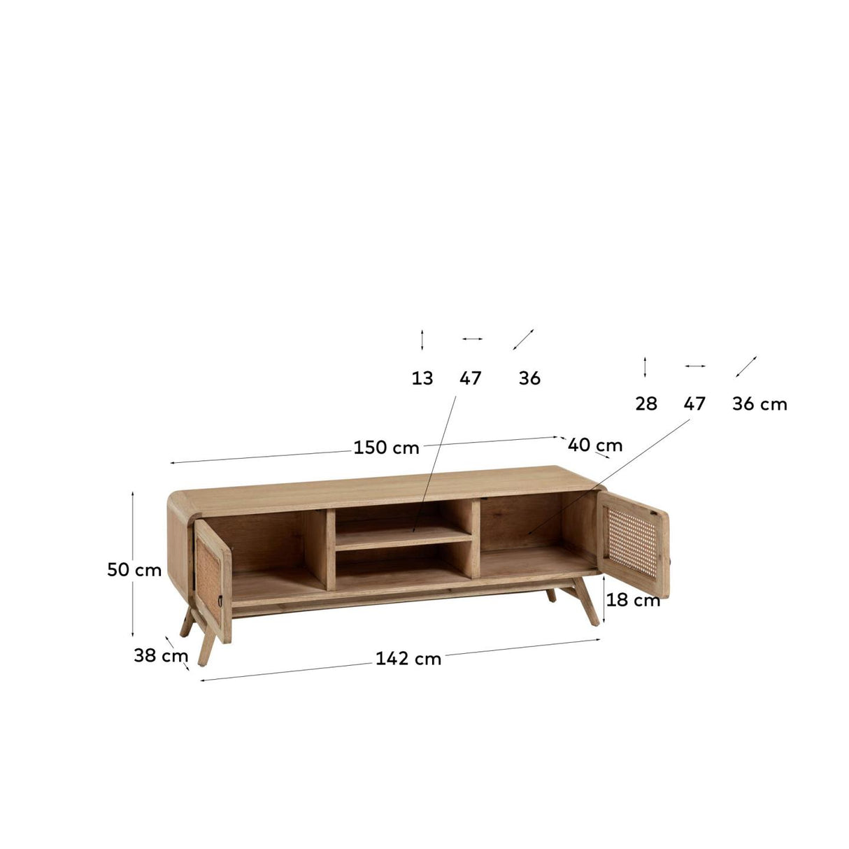 Nalu TV-Schrank 2 Türen aus massivem Mindiholz und Rattan 150 x 50 cm - ZEN ZONE