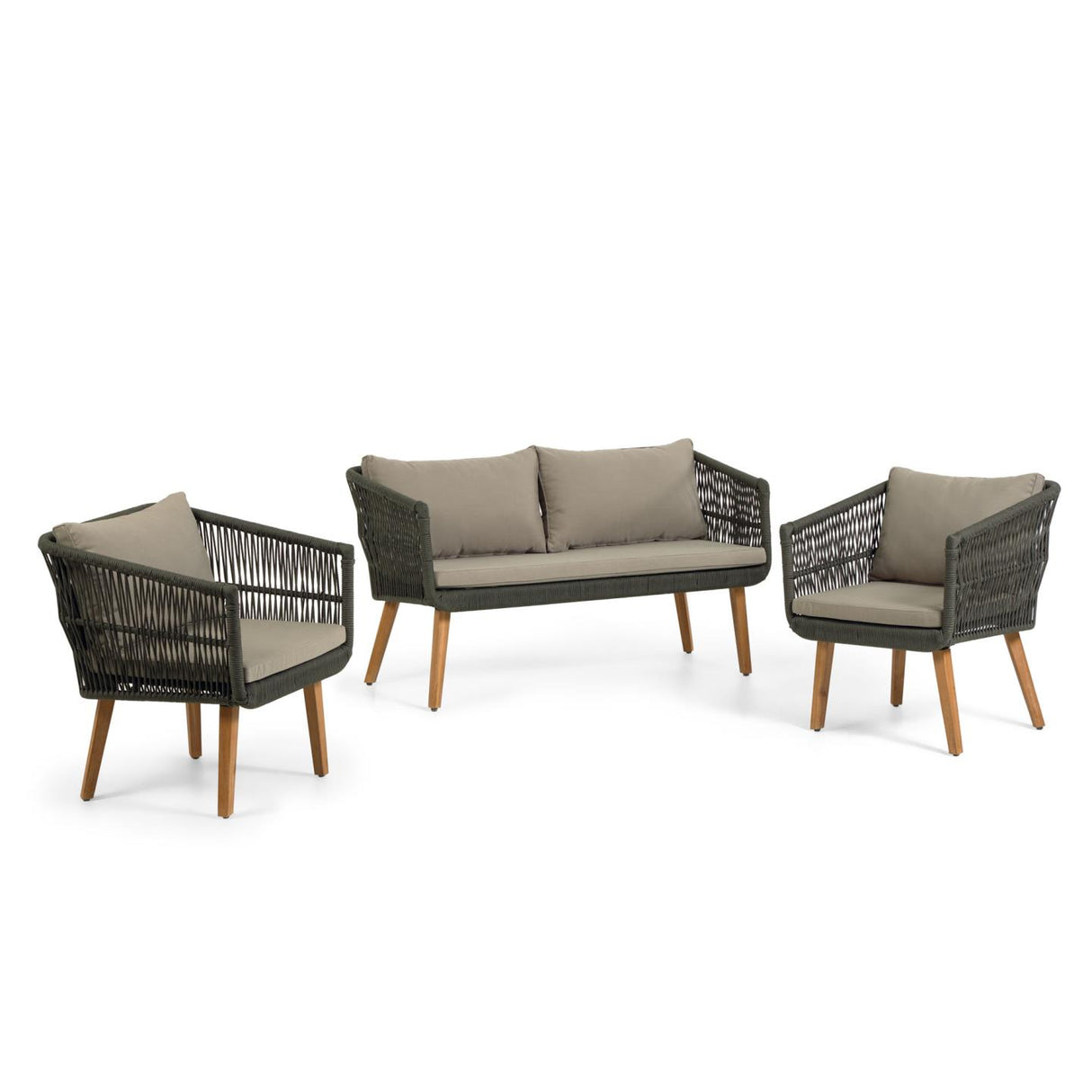 Inti Set 2-Sitzer Sofa und 2 Stühle mit grünem Seil FSC 100% - ZEN ZONE Furniture