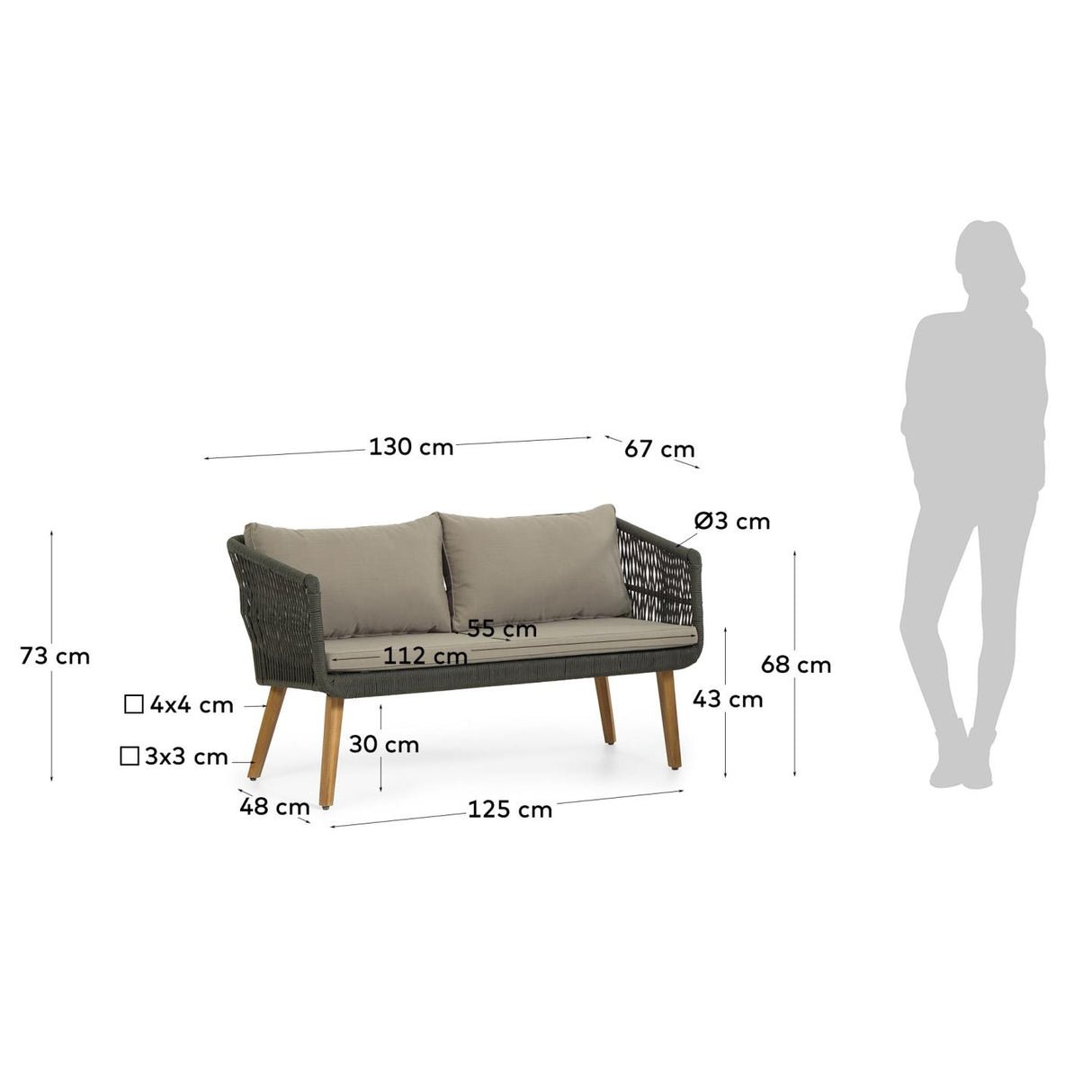 Inti Set 2-Sitzer Sofa und 2 Stühle mit grünem Seil FSC 100% - ZEN ZONE Furniture