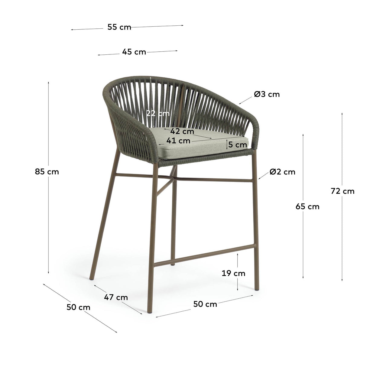 Yanet Hocker aus Seil in grün und verzinktem Stahl Höhe 58 cm - ZEN ZONE Furniture