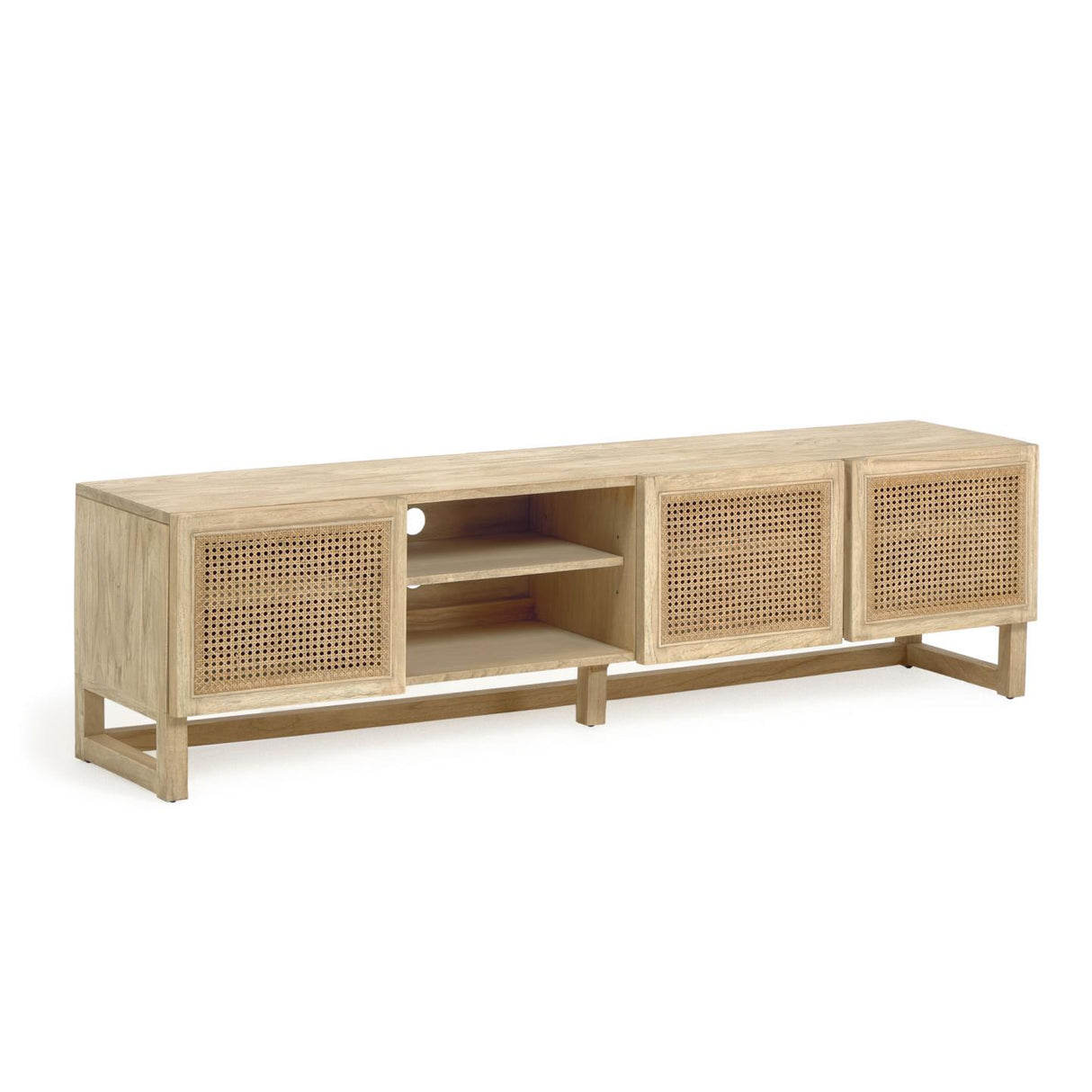 Rexit TV-Schrank 3 Türen aus massivem Mindiholz und Furnier mit Rattan 180 x 50 cm - ZEN ZONE Furniture