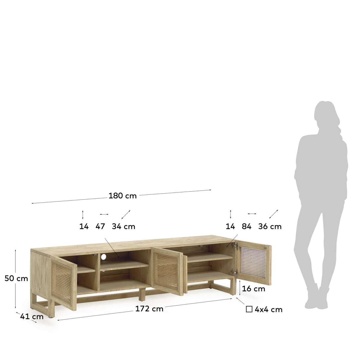 Rexit TV-Schrank 3 Türen aus massivem Mindiholz und Furnier mit Rattan 180 x 50 cm - ZEN ZONE Furniture