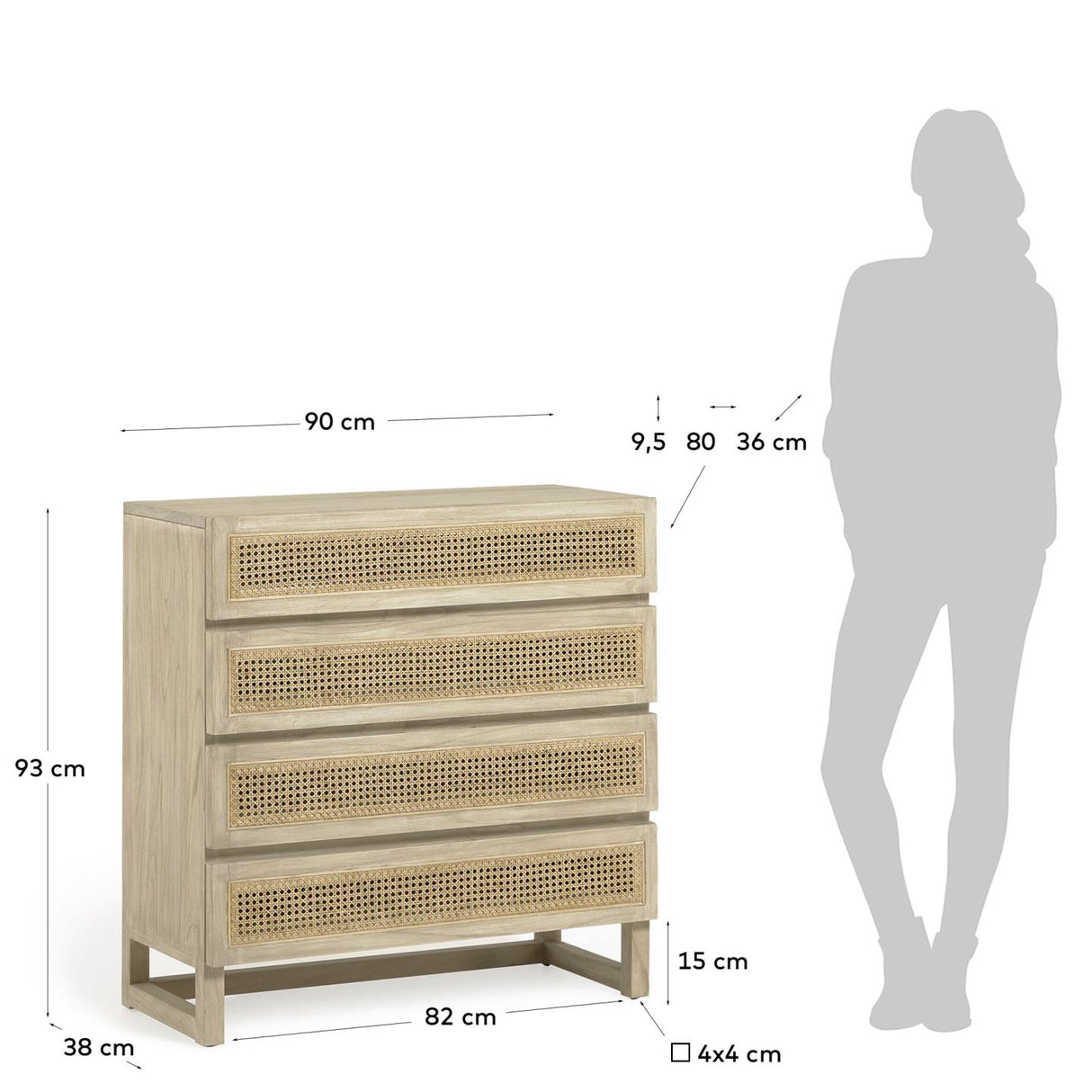 Rexit Kommode mit 4 Schubladen aus massivem Holz und Mindi Furnier mit Rattan 90 x 93 cm - ZEN ZONE Furniture
