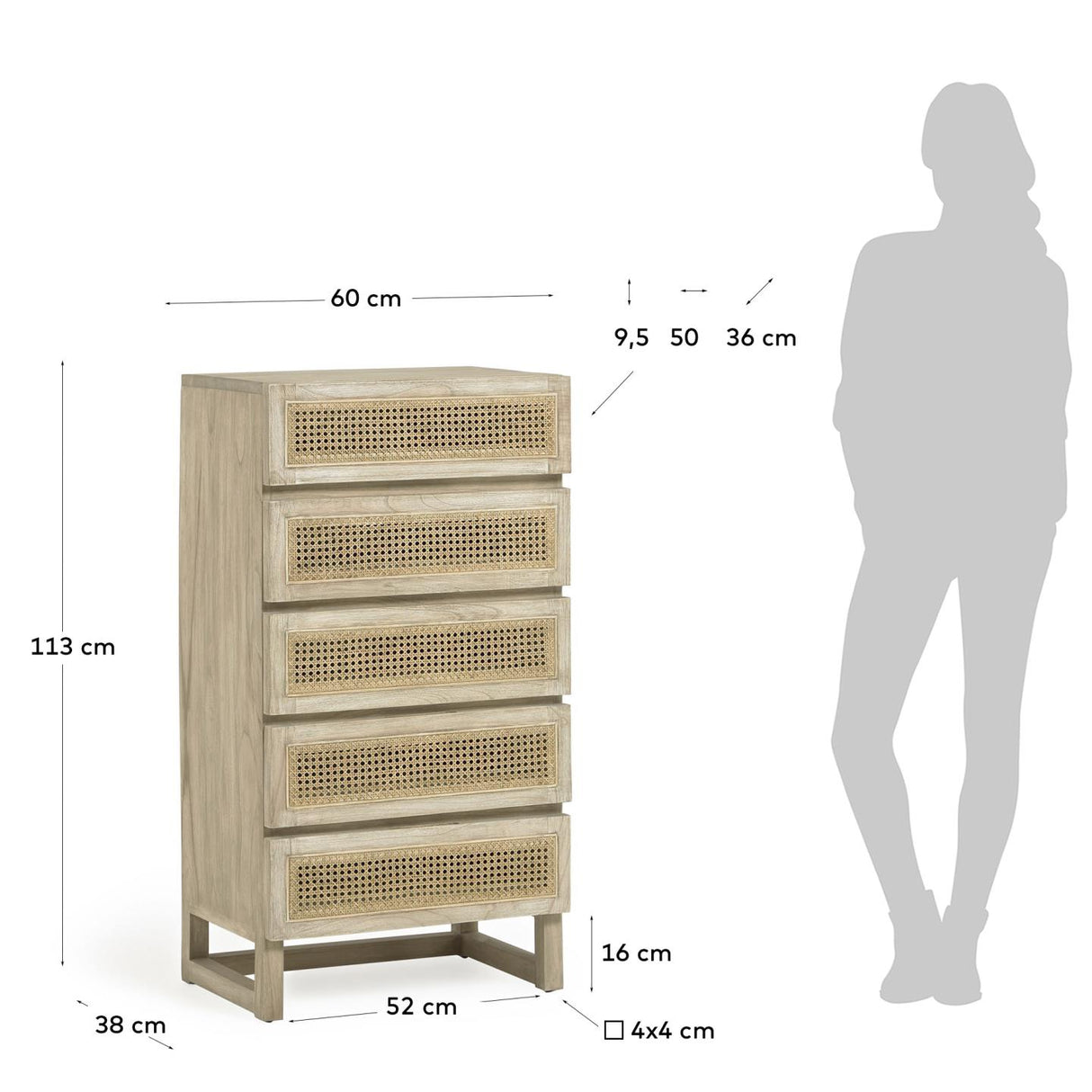 Rexit Kommode mit 5 Schubladen aus massivem Holz und Mindi Furnier mit Rattan 60 x 113 cm - ZEN ZONE Furniture