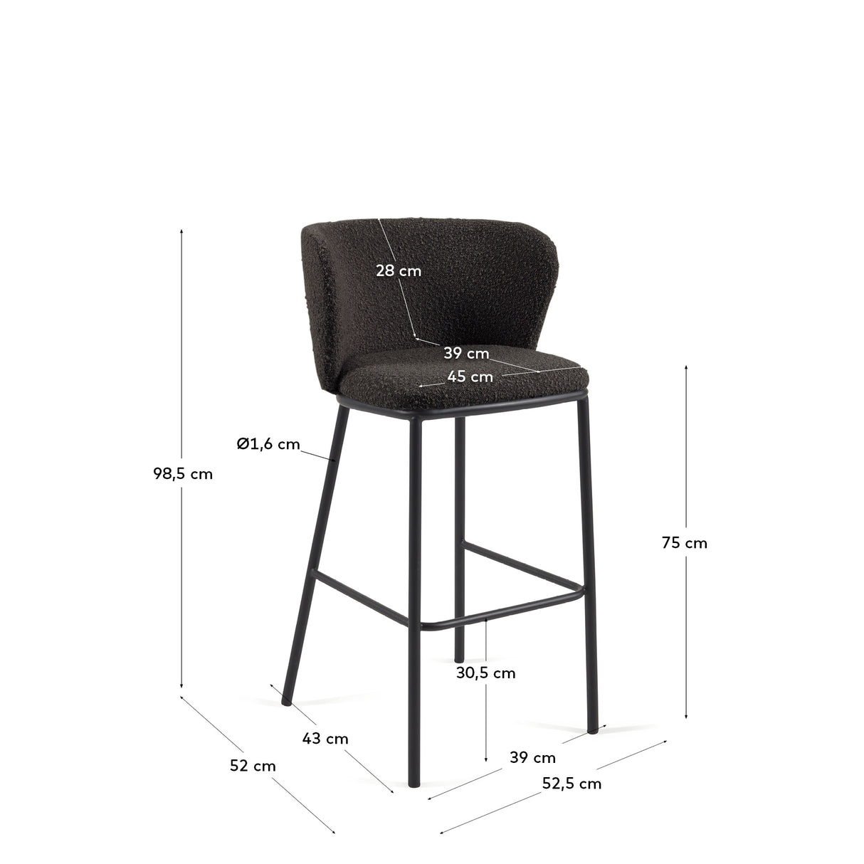 Ciselia Hocker mit Bouclé in Schwarz und schwarzen Stahlbeinen Höhe 75 cm FSC Mix Credit - ZEN ZONE Furniture