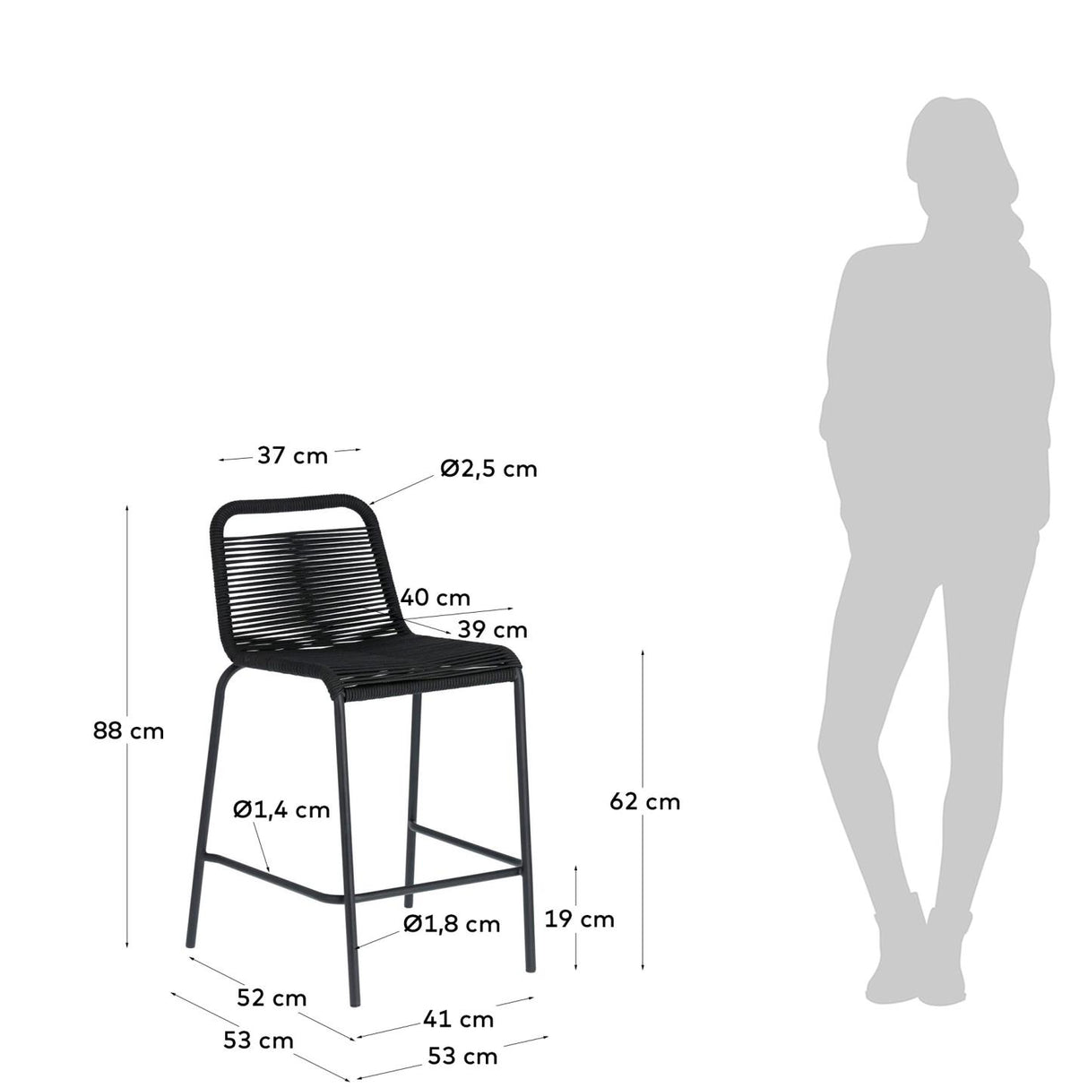 Lambton stapelbarer Hocker aus schwarzem Seil und Stahl mit schwarzem Finish Höhe 62 cm - ZEN ZONE Furniture