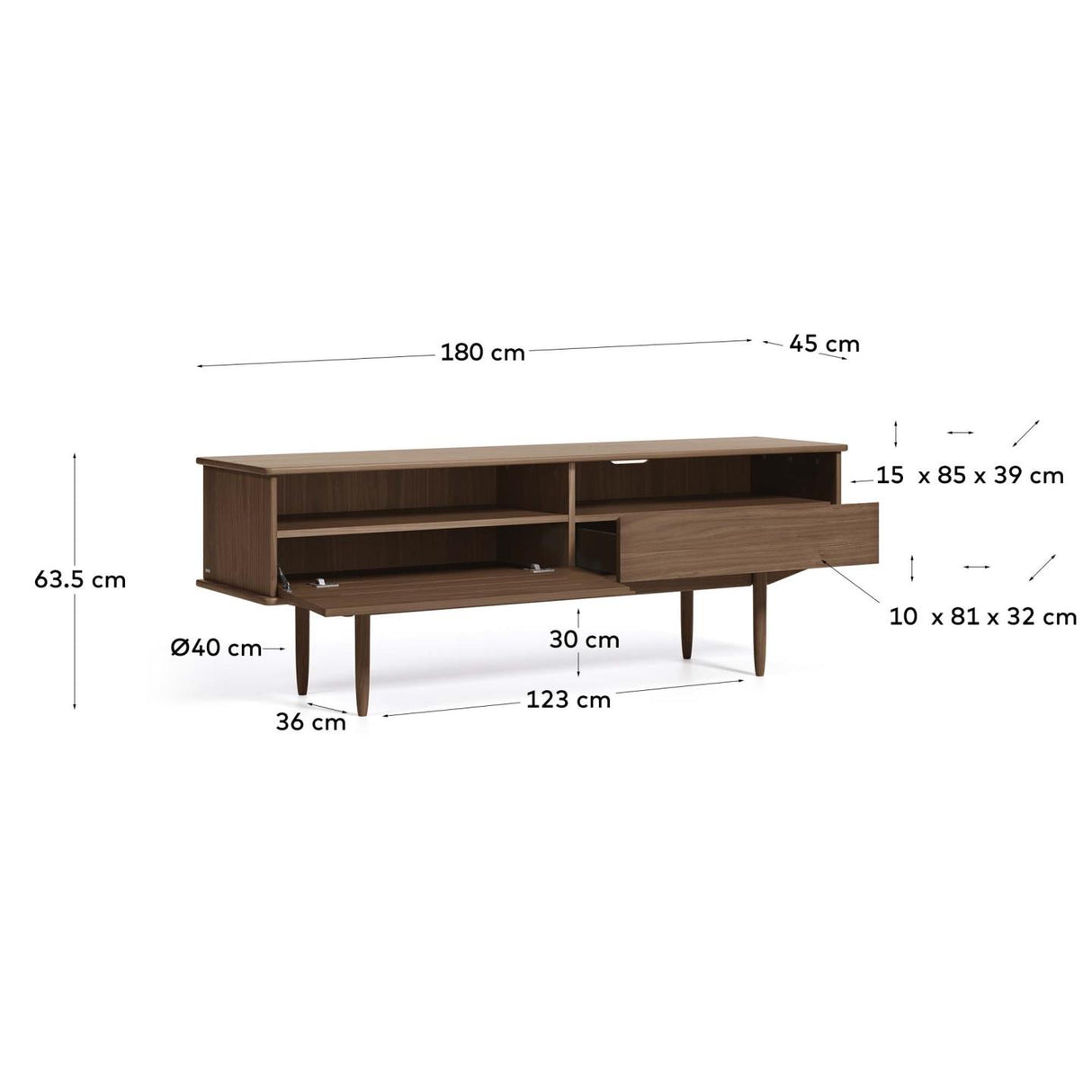Carolin TV-Schrank 1 Türe und 1 Schublade aus Nussholzfurnier 180 x 63,5 cm - ZEN ZONE Furniture