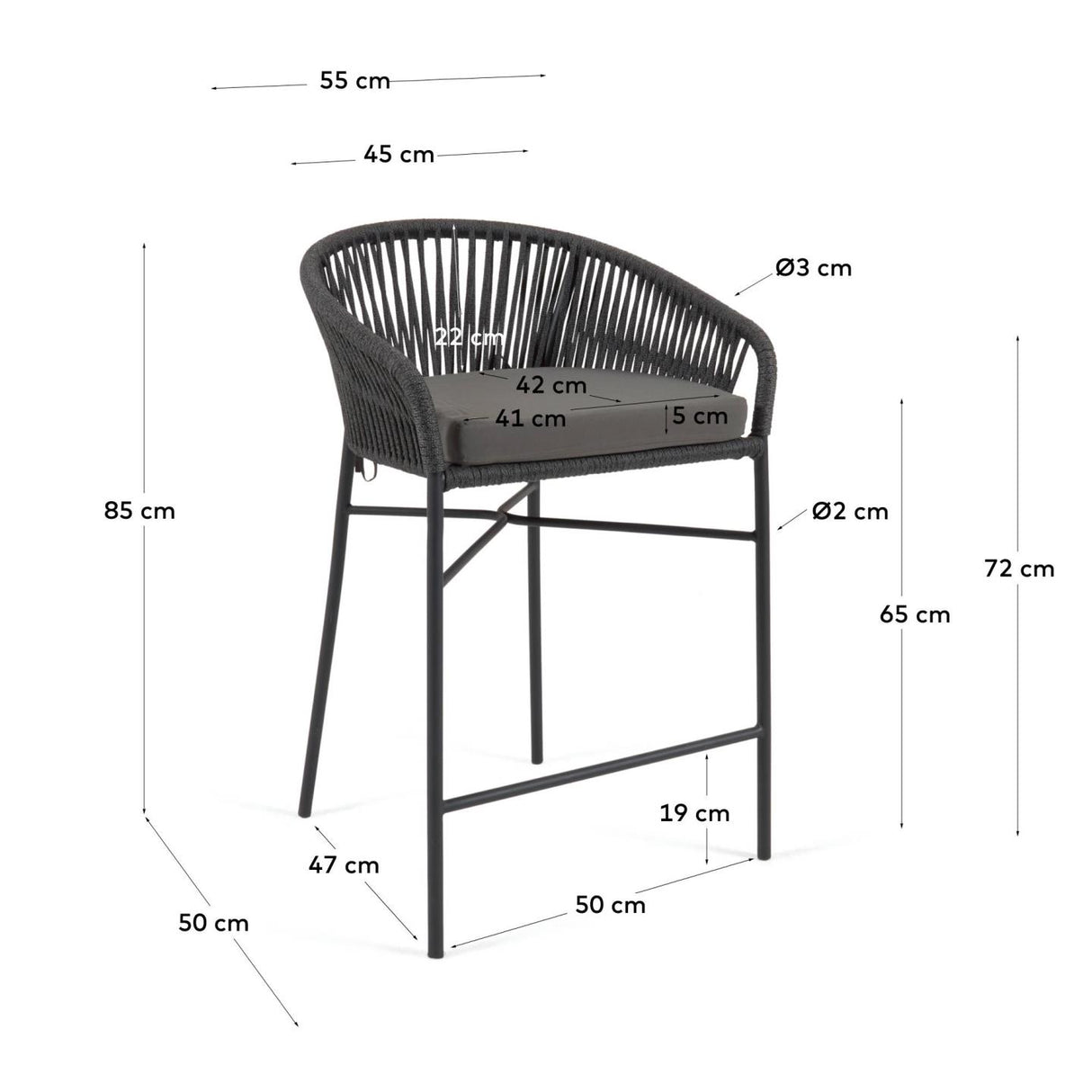 Yanet Hocker aus schwarzem Seil Höhe 65 cm - ZEN ZONE Furniture