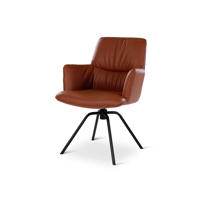 BOSTON Essstuhl aus cognacfarbenem Leder, drehbar, mit schwarzen Metallbeinen - ZEN ZONE Furniture