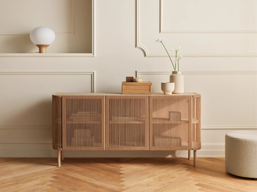 Sideboard Cord, en chêne huilé, avec placage en bois cannelé, 216 cm