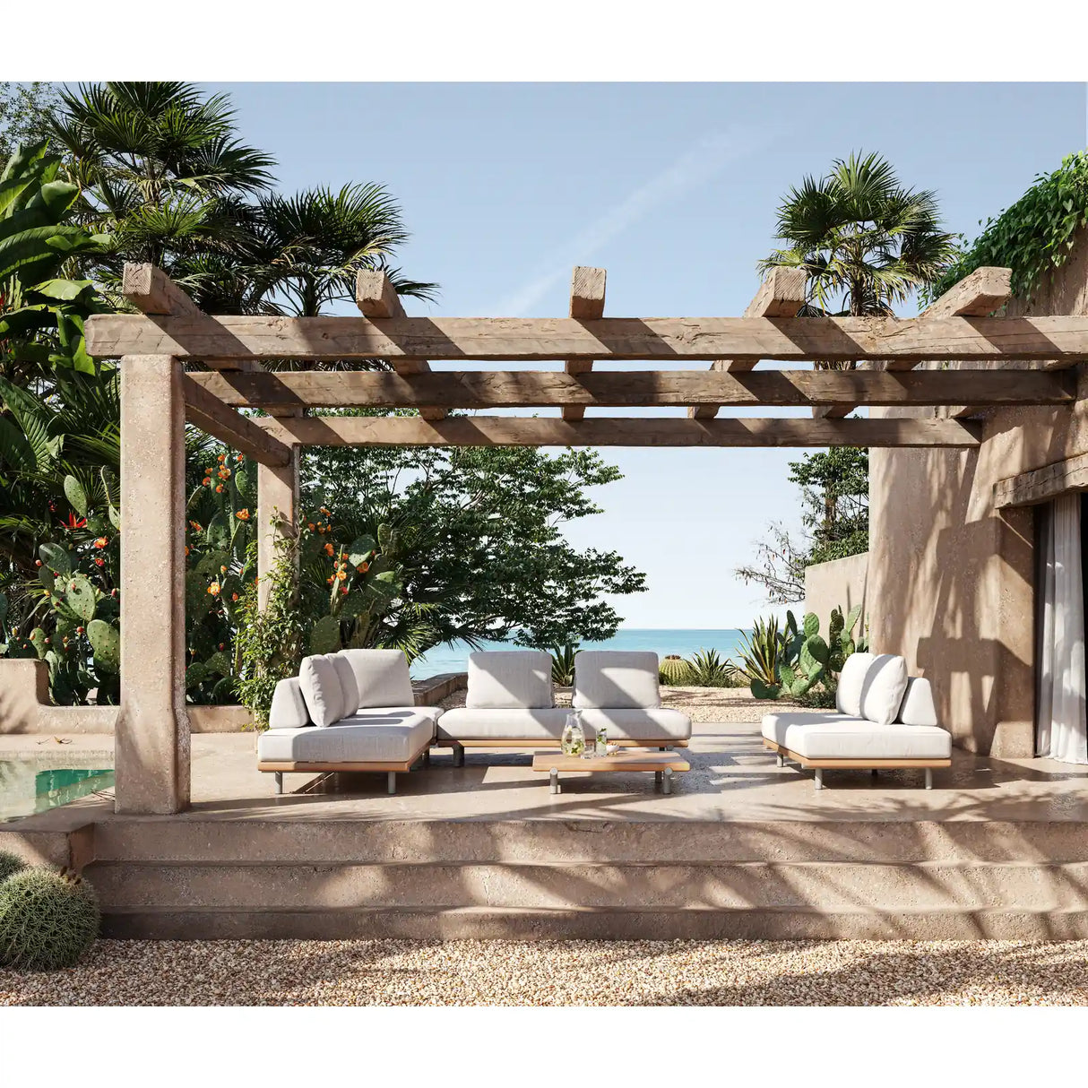 2-Sitzer Gartensofa Emilio aus Teakholz mit muschelfarbenen Kissen aus Outdoor-Stoff, 190x95x69 cm - ZEN ZONE Furniture