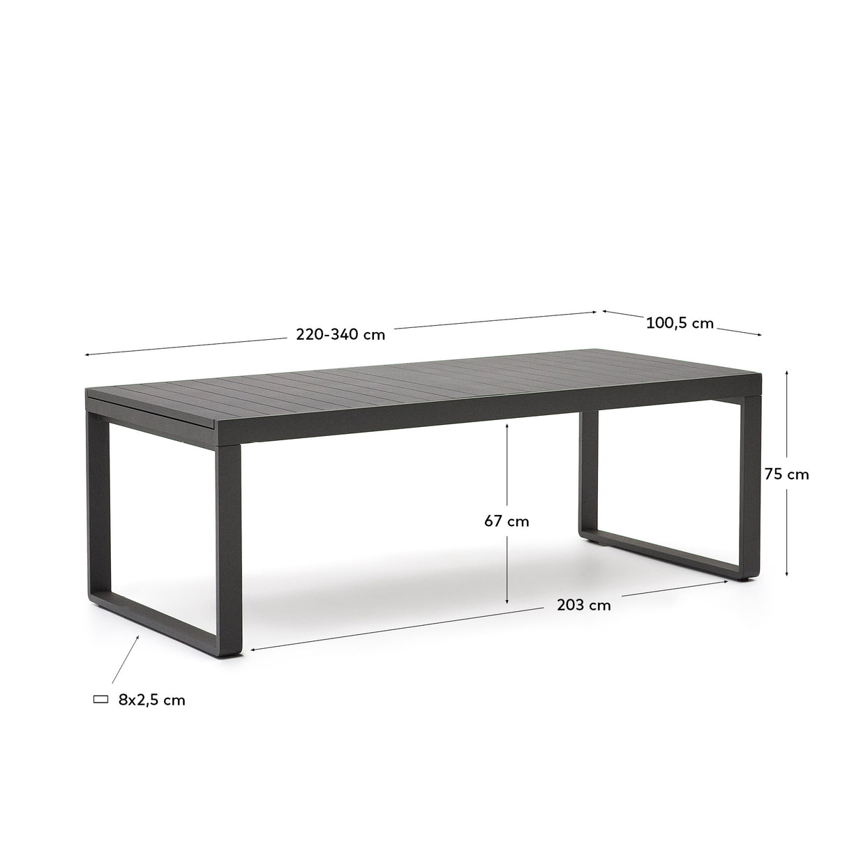 Galdana Aluminium-Gartentisch, ausziehbar, mit dunkelgrauem Finish, 220 (340) x 100 cm - ZEN ZONE Furniture