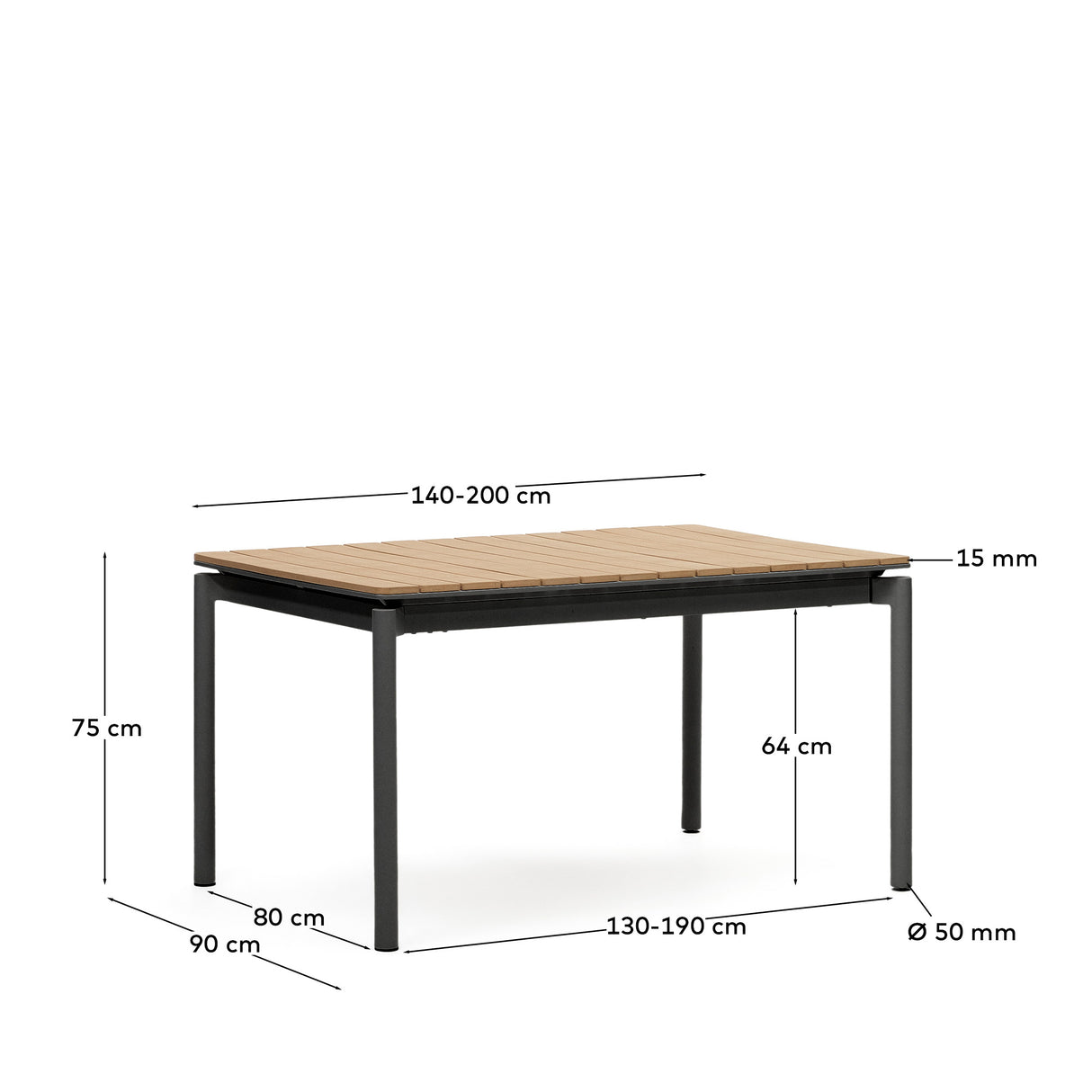 Canyelles Gartenausziehtisch aus Poly-Holz und mattschwarzem Aluminium 140 (200) x 90 cm - ZEN ZONE Furniture