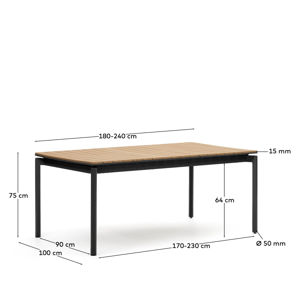 Canyelles Gartenausziehtisch aus Poly-Holz und mattschwarzem Aluminium 180(240) x 100 cm - ZEN ZONE Furniture
