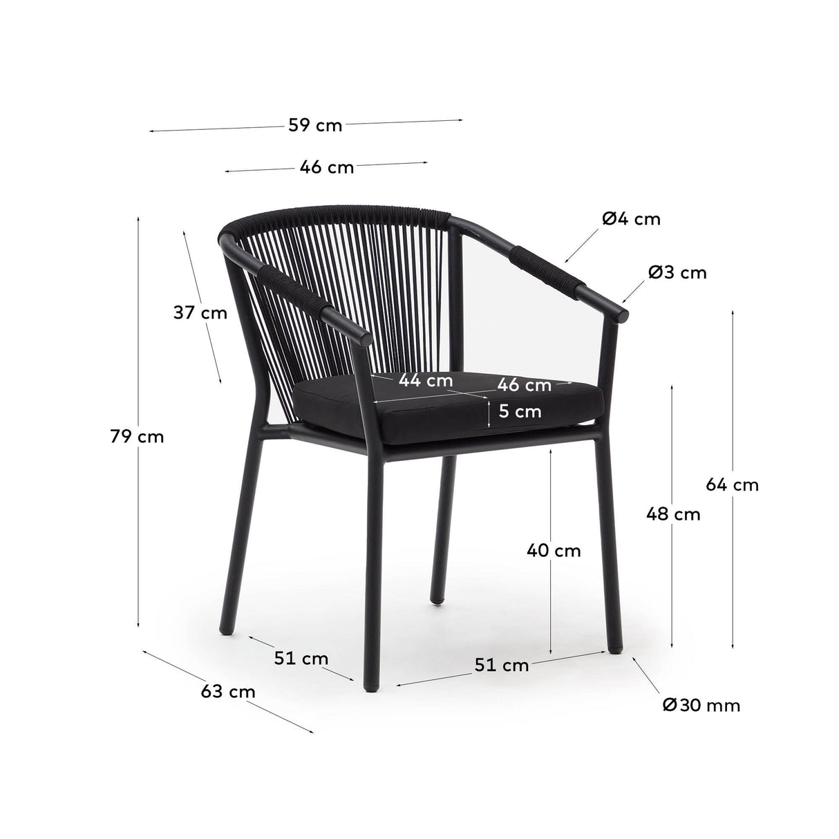 Xelida stapelbarer Gartenstuhl aus Aluminium und Seil schwarz - ZEN ZONE Furniture