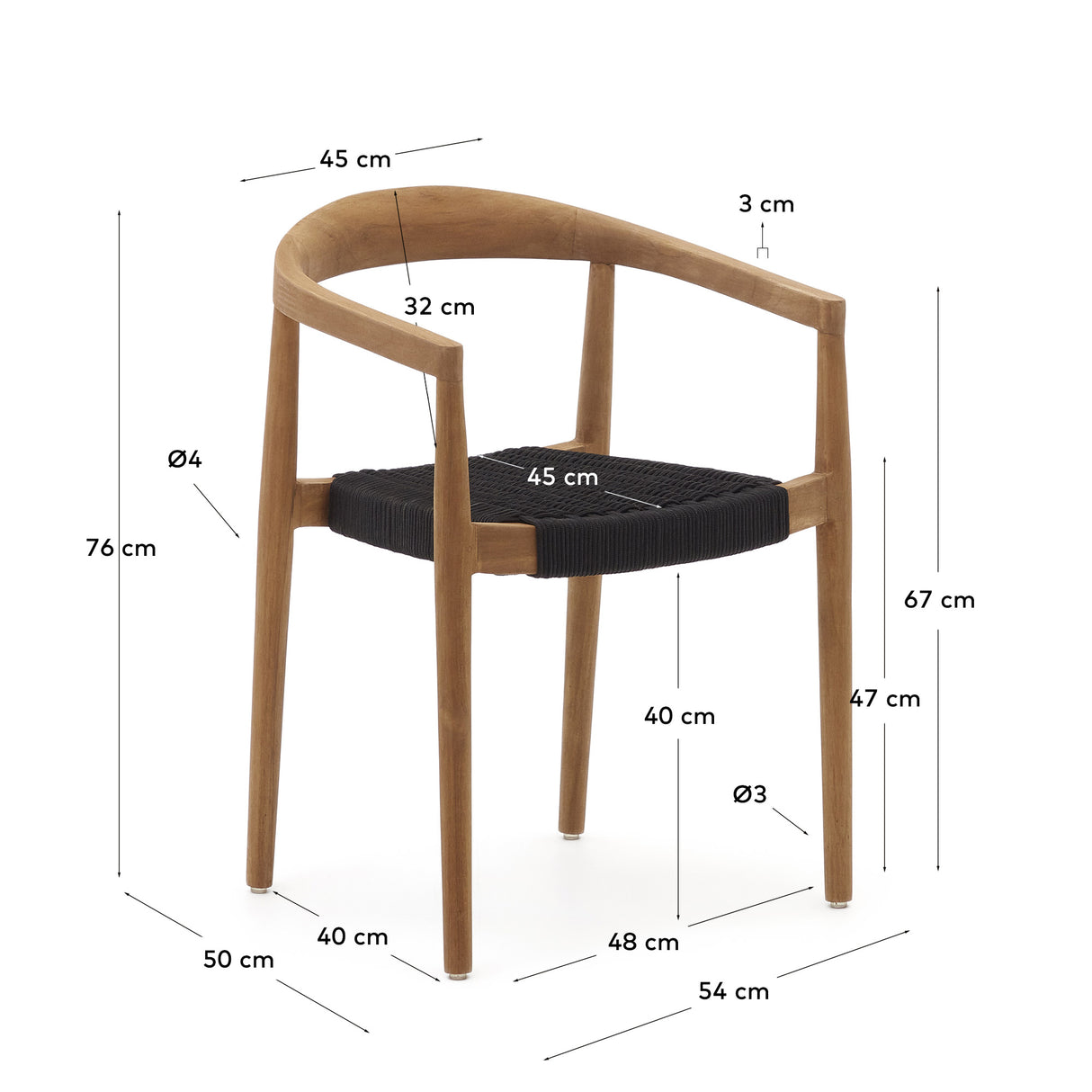 Ydalia stapelbarer Outdoor-Stuhl aus massivem Teakholz natürliches Finish schwarzes Seil - ZEN ZONE Furniture
