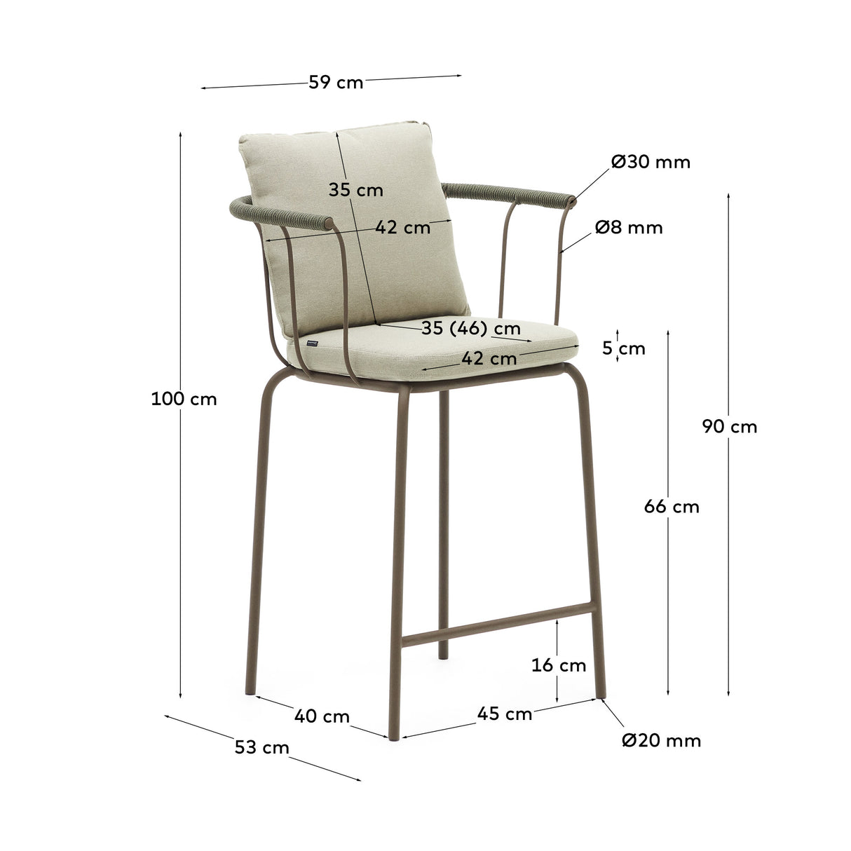 Salguer stapelbarer Hocker aus Seil und Stahl mit Finish in Braun 66 cm - ZEN ZONE Furniture