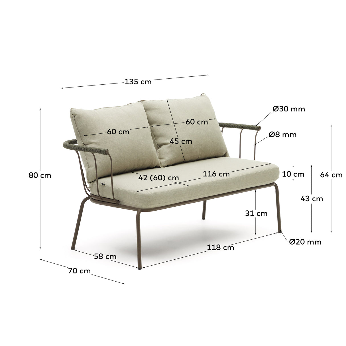 Salguer 2-Sitzer-Sofa aus grünem Seil und Stahl in Braun 134 cm - ZEN ZONE Furniture