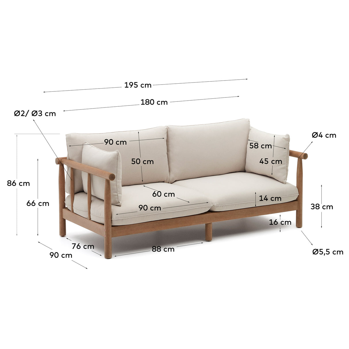 Sacova 2-Sitzer-Sofa aus massivem Eukalyptusholz 195 cm 100% FSC - ZEN ZONE Furniture
