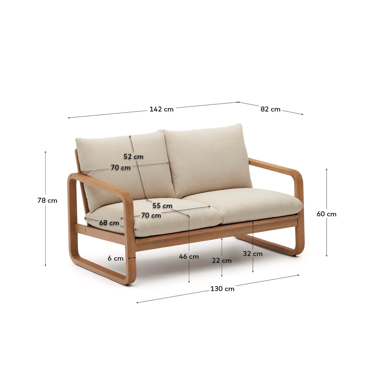 Sacaleta 2-Sitzer-Sofa aus massivem Eukalyptusholz 142 cm 100% FSC - ZEN ZONE Furniture