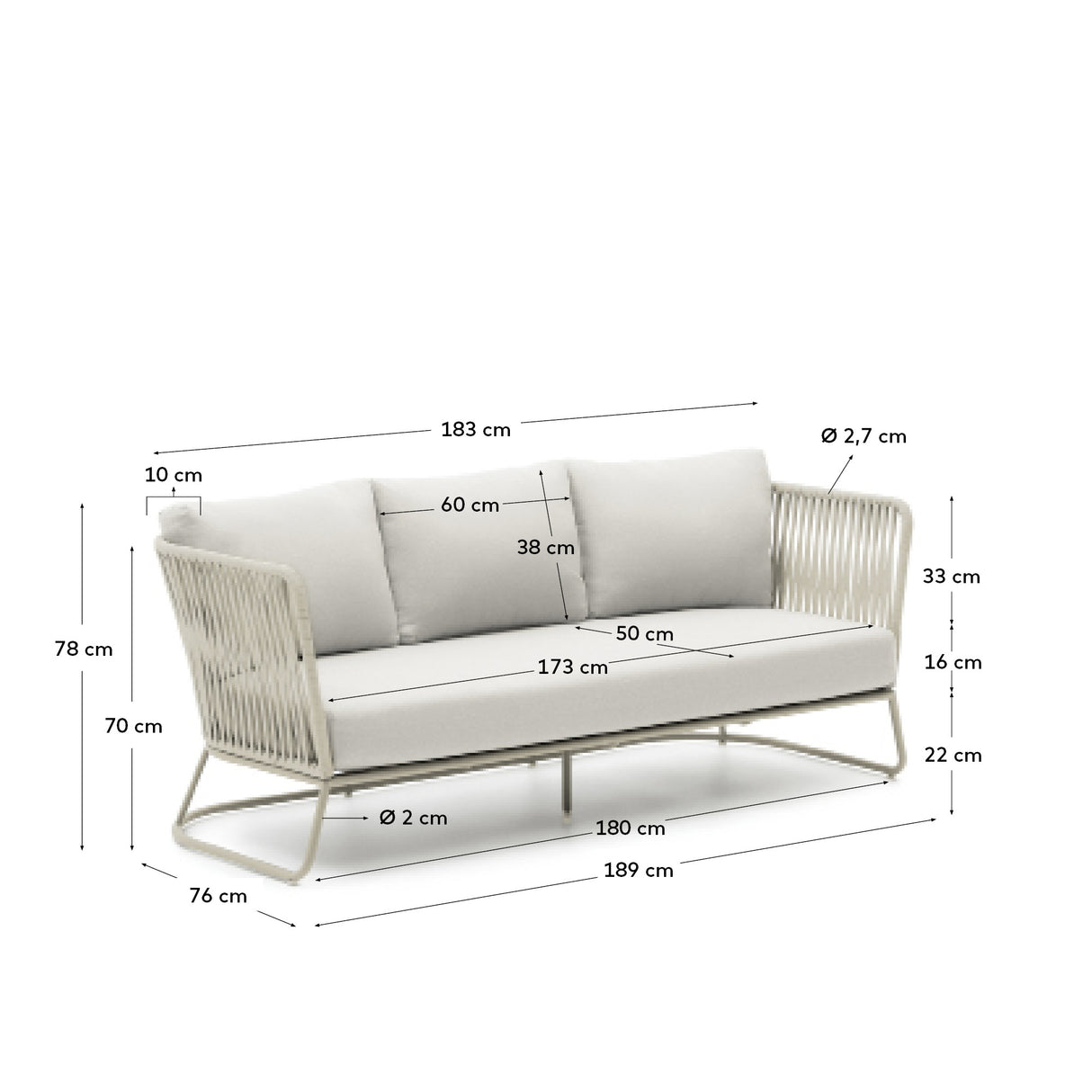 3-Sitzer-Outdoor-Sofa Saconca aus Seil und grau verzinktem Stahl 189 cm - ZEN ZONE Furniture